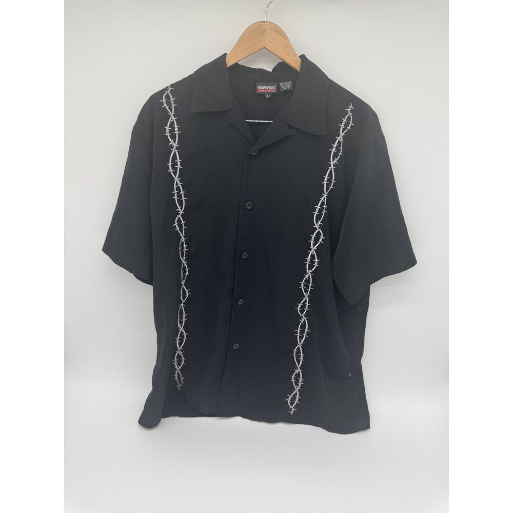 Y2K Men’s Silver Point Barb Wire Button Up Shirt L Pool Bowling Shirt